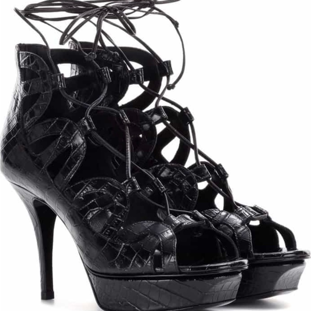 New Saint Laurent Black Croc Embossed Leather Platform Gladiator Sandals 37.5